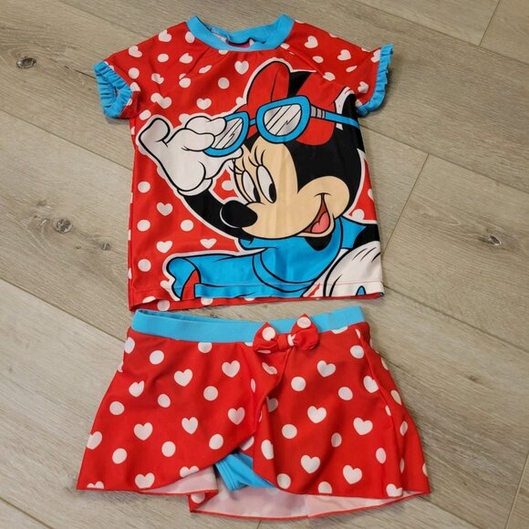 Disney Minnie Mouse Red Heart Polka Dot Sz 4T 2pc Swimsuit Bathing Suit - Picture 1 of 3